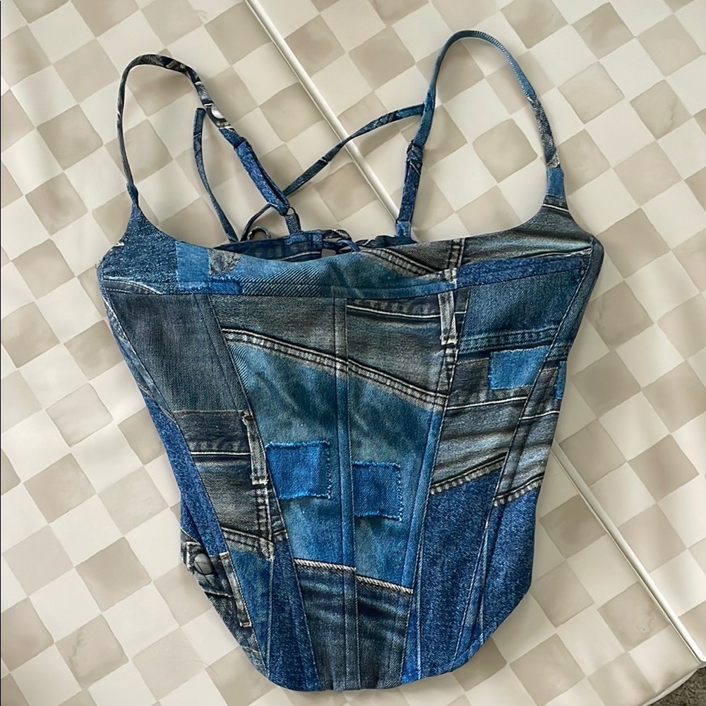 Blue Denim Patchwork Corset Top